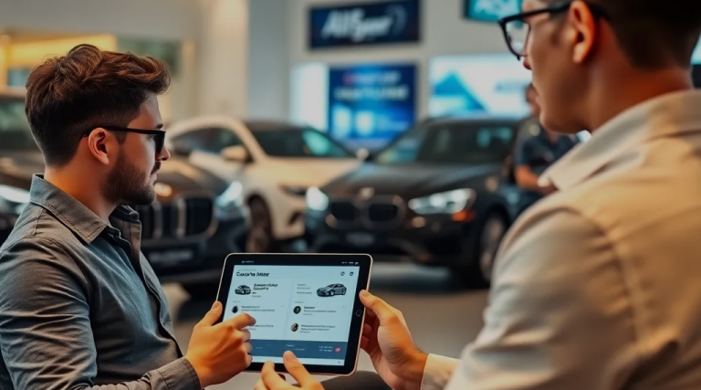  Viewing Car Specs and Financing on Tablet in Showroom