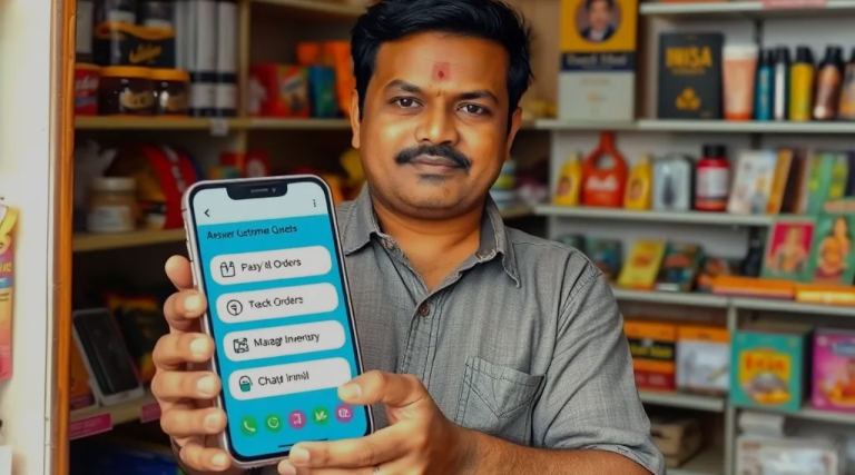 Small Retailer in India Showcasing AI Chatbot on Smartphone