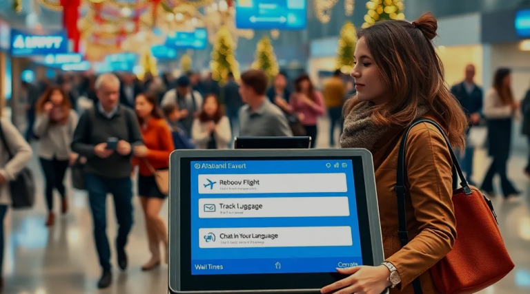 Woman Using Travel Chatbot Kiosk